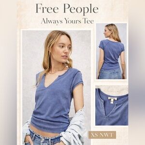 Free People Always Yours Tee Shaded Lake Blue Split Neck XS NWT